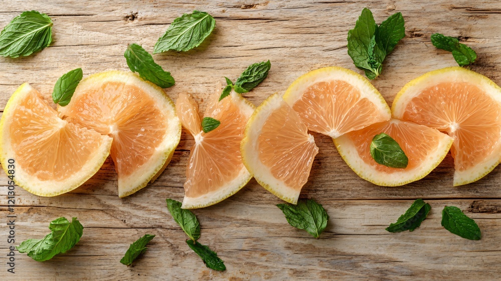 A sliced pomelo with vibrant green skin and golden flesh, arranged on a rustic wooden surface with scattered mint leaves, isolated on a beige background A sliced pomelo with vibrant green skin and golden flesh, arranged on a rustic wooden surface with scattered mint leaves, isolated on a beige background