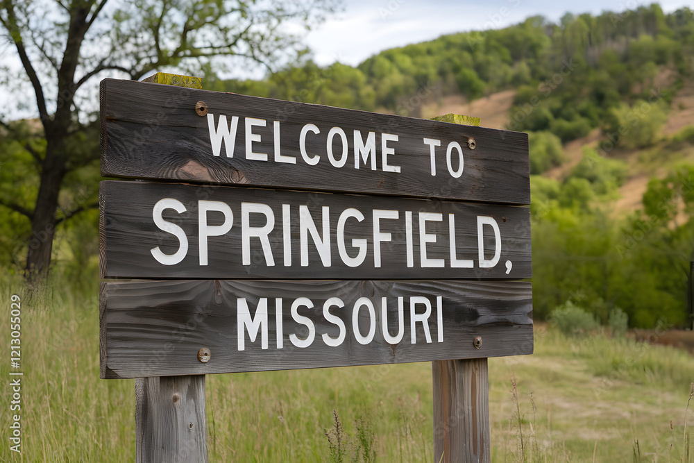 Rustic Wooden Sign Welcoming Visitors to Springfield Missouri with Charming Midwest Aesthetic and State Pride Rustic Wooden Sign Welcoming Visitors to Springfield Missouri with Charming Midwest Aesthetic and State Pride