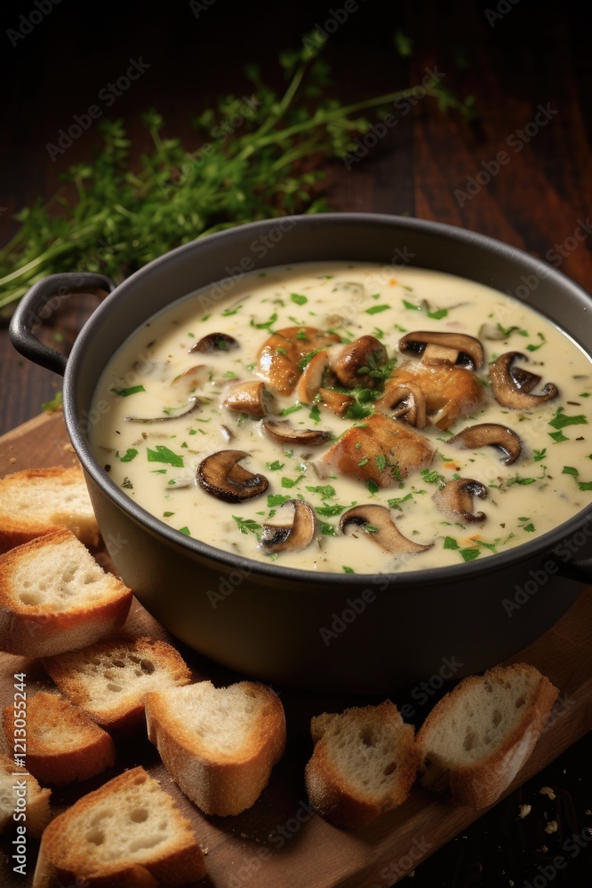 Rustic Cream of Mushroom Soup with Herbs Served on a Tray with Croutons, Perfect for a Cozy Fall Meal Rustic Cream of Mushroom Soup with Herbs Served on a Tray with Croutons, Perfect for a Cozy Fall Meal