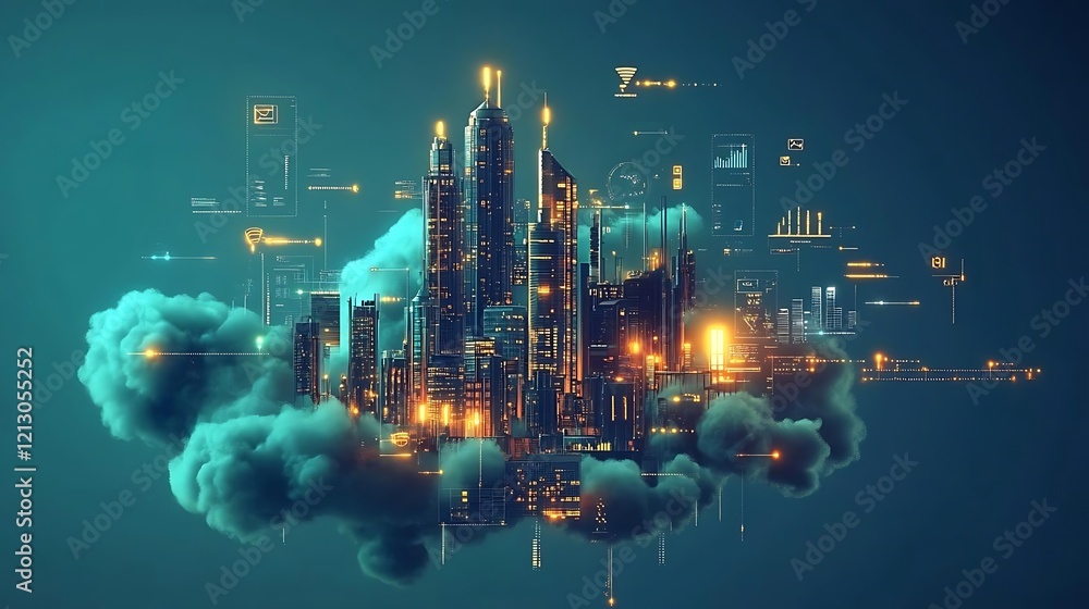 Fototapeta premium Futuristic city on a cloud with glowing digital interfaces.