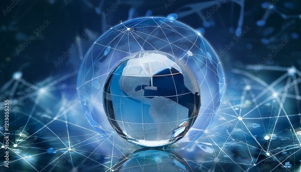 Obraz premium 맑은 유리구 안에 미니어처 지구본이 담겨 있고, 주위에는 디지털 기호와 네트워크 아이콘들이 떠다니는 장면
