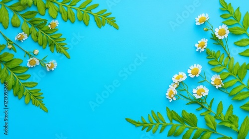 Field flowers and fresh leaves lined up on a pastel green backdrop, representing a creative floral spring bloom idea. This still life natural visual trend follows a flat lay style