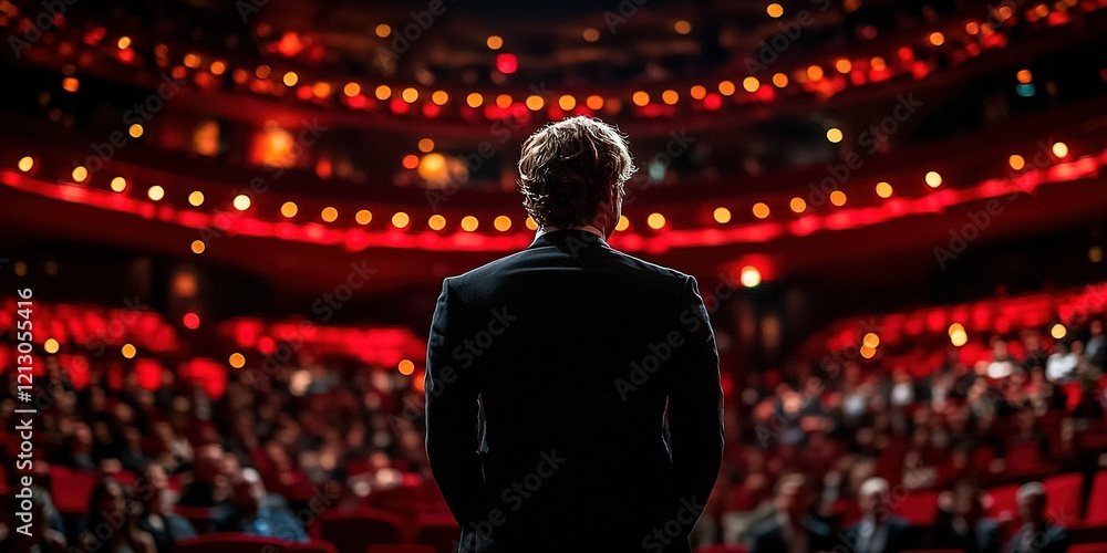 Engaging speaker captivates audience in a vibrant theater during a live presentation event at night Engaging speaker captivates audience in a vibrant theater during a live presentation event at night