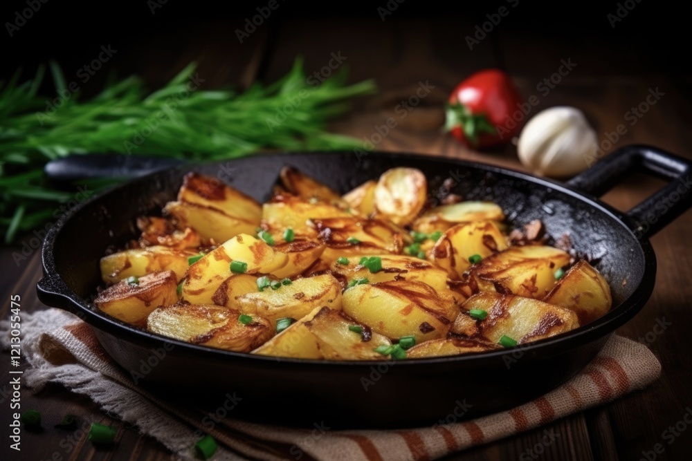 Savory Potato Hashbrowns in a Skillet with Scallions and Herbs - Perfect Breakfast Cooking