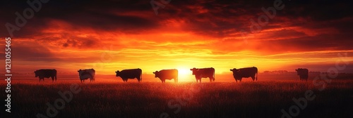 Sunset Cattle Silhouette in Field - Silhouetted cows graze peacefully at sunset, symbolizing serenity, rural life, nature's beauty, the cycle of life, and golden hour. photo