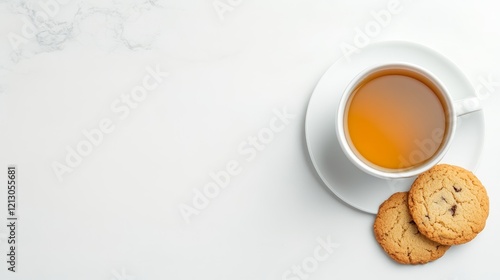 Tea Time Treat - A cup of tea and two cookies on a marble surface. Perfect for blogs, websites, or social media.