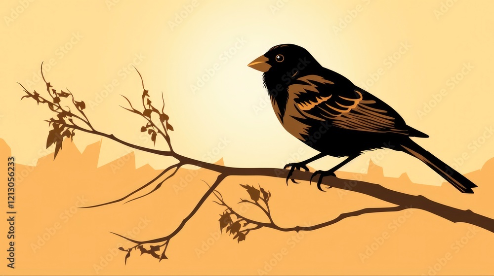 Fototapeta premium Silhouette of a Finch Perched on a Branch Against a Natural Background