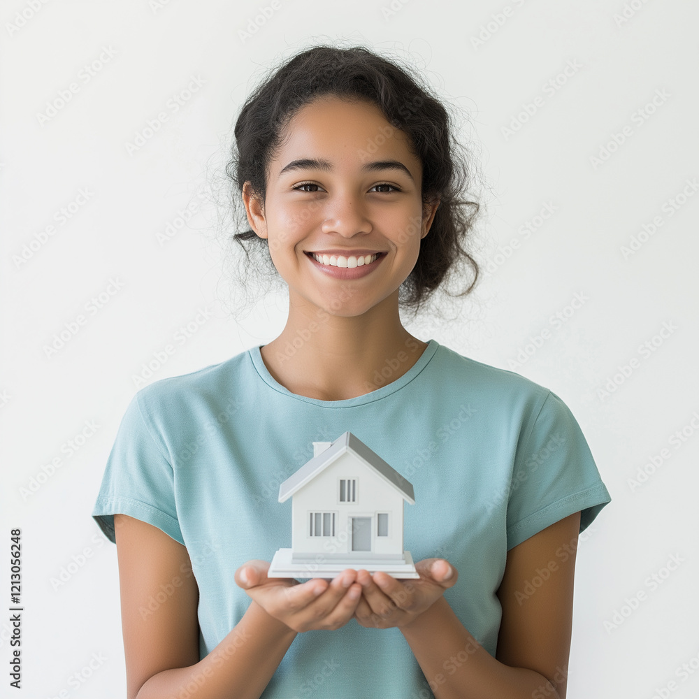 A joyful woman holding a small, detailed model of a house in her hands A joyful woman holding a small, detailed model of a house in her hands