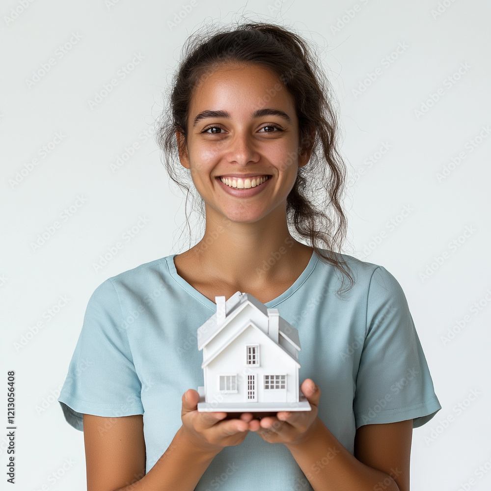 A joyful woman holding a small, detailed model of a house in her hands A joyful woman holding a small, detailed model of a house in her hands