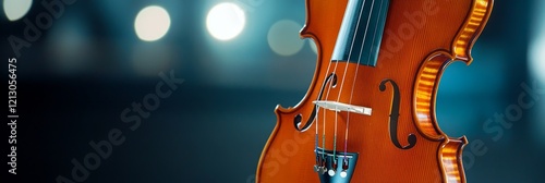 Violin in the Spotlight - Close-up of a violin against a blurred dark blue background with bokeh lights, perfect for music or classical themes. photo