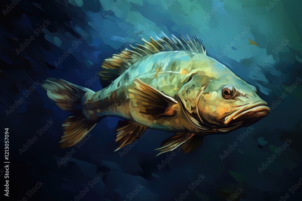 Naklejka premium Small Mouth Bass Generated by AI Technology. Underwater Nature of Marine Life in Blue Water Background