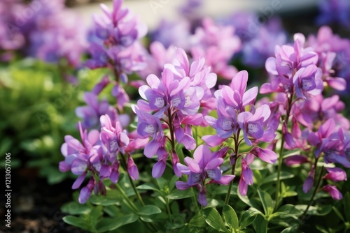 Small Lilac Corydalis Yanhusuo Flower in Bloom. A Spring Blossom of Herbaceous Plant with Delicate Grass Blooms photo