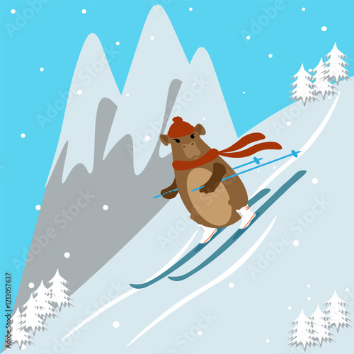 A cute capybara in a hat with a scarf is skiing in the mountains. The concept of Snow Day and Winter Sports