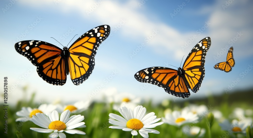 Obraz premium In the soft focus of spring, nature's beauty unfolds through a blooming glade, a butterfly flutters by, and the sky is azure on a sunny day