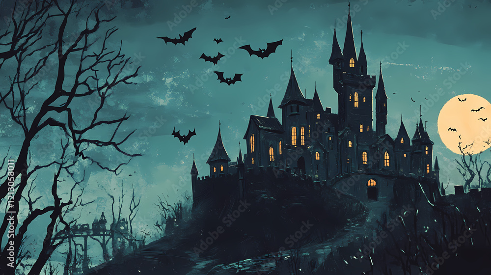 Haunted halloween haven: a paper crafted castle glows under a midnight sky, bats taking flight, in this spooky and festive illustration. Midnight Harbor. Illustration Haunted halloween haven: a paper crafted castle glows under a midnight sky, bats taking flight, in this spooky and festive illustration. Midnight Harbor. Illustration