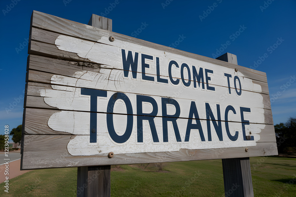 Obraz premium Welcome to Torrance California Wooden Road Sign with Rustic Charm and Scenic Background