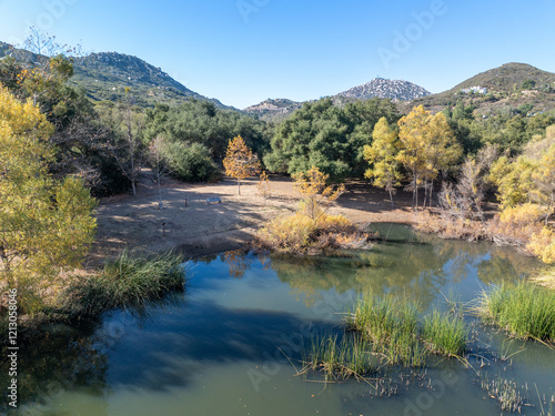 Obraz na płótnie Aerial view of small lake in the in the valley of Dos Picos County Park in Ramona, South California, USA w salonie