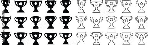 Trophy cup award icon in flat, line set. vector for apps or website logo Winner sport championship ceremony label, first place prize, victory sign icon design isolated on transparent background