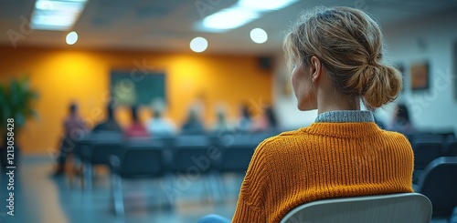 Woman listening attentively during a group discussion in a bright, modern meeting room photo