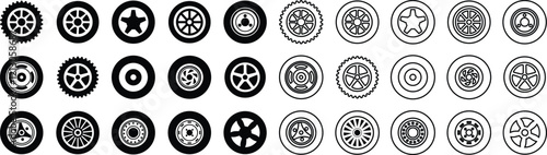 Wheel tires icon in flat line set. Black rubber wheel tire disks auto service vector for apps or website vehicle or automobile tire alloy wheel with rim isolated on transparent background
