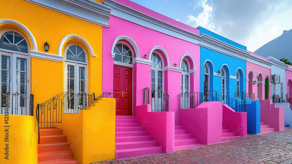 Fototapeta premium Colorful Houses Line Vibrant Street In Cape Town