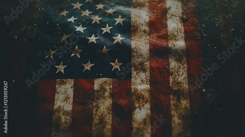 Close-up of a weathered, dirty American flag. photo