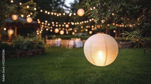 Illuminated paper lantern hanging on tree branch at outdoor party.
