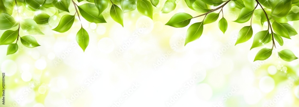 A summer springtime panorama with a soft, defocused backdrop, showcasing fresh foliage vibrant with color and a bokeh lighting effect, all set against the backdrop of the outdoors in nature A summer springtime panorama with a soft, defocused backdrop, showcasing fresh foliage vibrant with color and a bokeh lighting effect, all set against the backdrop of the outdoors in nature