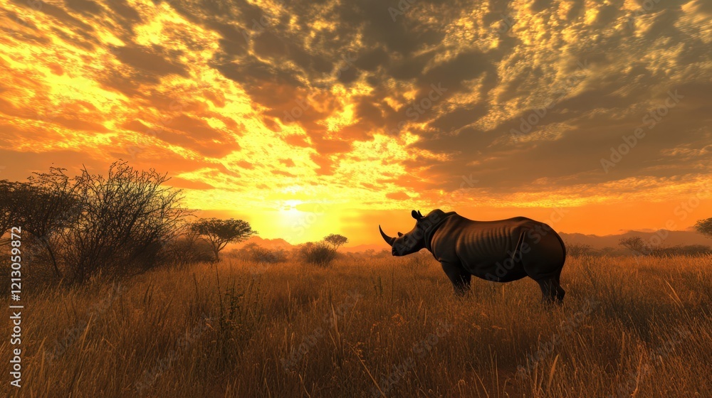 Rhino Standing in a Field with Dramatic Sunset Sky, A Majestic Wildlife Scene Rhino Standing in a Field with Dramatic Sunset Sky, A Majestic Wildlife Scene