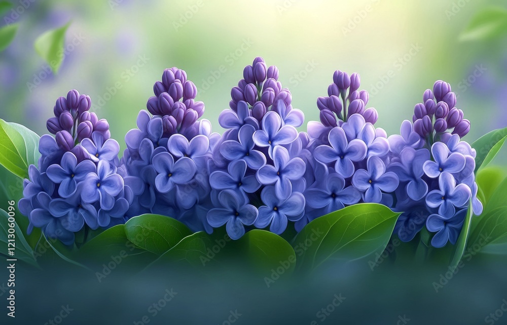 Natural spring setting adorned with a branch of lilac flowers. Blossoming buds of lilac flowers in a vibrant spring color. The purple petals of the lilac plant create a beautiful botanical scene with Natural spring setting adorned with a branch of lilac flowers. Blossoming buds of lilac flowers in a vibrant spring color. The purple petals of the lilac plant create a beautiful botanical scene with