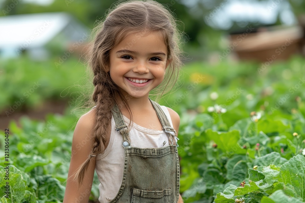 Smiling girl in overalls enjoying a sunny day in a lush garden Smiling girl in overalls enjoying a sunny day in a lush garden