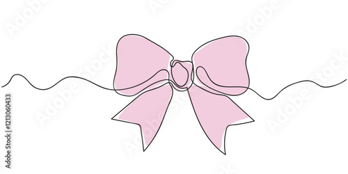 Minimalistic continuous line drawing of a ribbon bow. Elegant black outline bow knot design on a white background. Vector illustration for festive occasions.