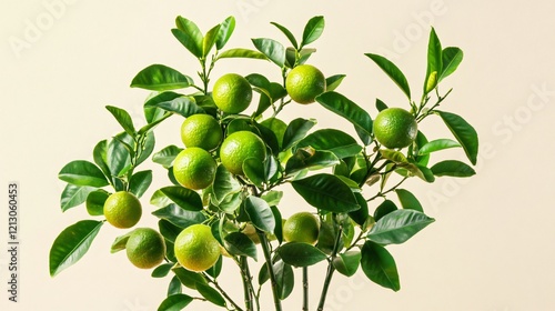 Wallpaper Mural A calamansi tree with glossy green leaves and clusters of fruit, styled with bamboo accents, isolated on a light beige backdrop Torontodigital.ca