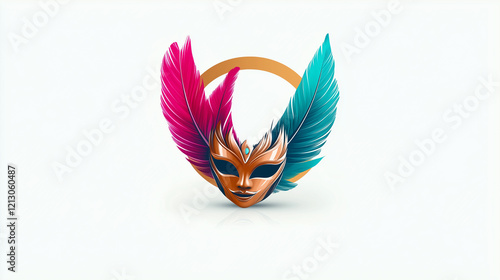 A stunning carnival mask adorned with teal and magenta feathers, highlighted by intricate golden details and a radiant centerpiece, symbolizing festivity and modern elegance. photo