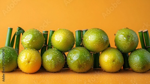 A close up of calamansi fruits with droplets of water, arranged with bamboo shoots, isolated on a gradient orange background photo