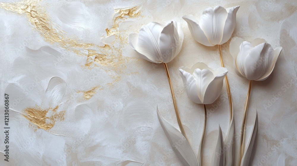 Elegant white tulips arranged artistically against a textured gold and cream background, perfect for spring decor Elegant white tulips arranged artistically against a textured gold and cream background, perfect for spring decor
