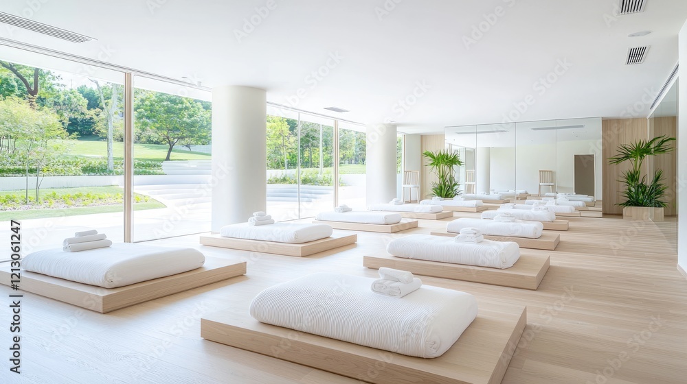 Fototapeta premium Serene yoga studio with mats, park view, relaxation space, wellness retreat