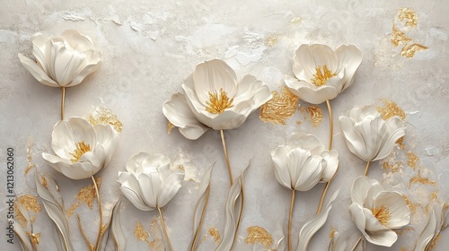 Elegant white tulips arranged artistically against a textured gold and cream background, perfect for spring decor