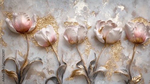 Elegant white tulips arranged artistically against a textured gold and cream background, perfect for spring decor