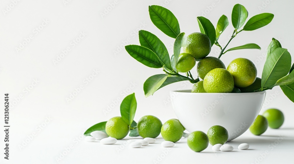 A minimalist calamansi plant in a white pot, styled with small pebbles and leaves, isolated on a clean white surface A minimalist calamansi plant in a white pot, styled with small pebbles and leaves, isolated on a clean white surface