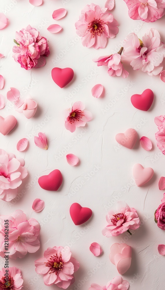 Romantic Pink Cherry Blossom Flowers and Hearts Arrangement on White Background Romantic Pink Cherry Blossom Flowers and Hearts Arrangement on White Background