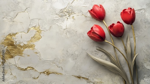 Elegant white tulips arranged artistically against a textured gold and cream background, perfect for spring decor