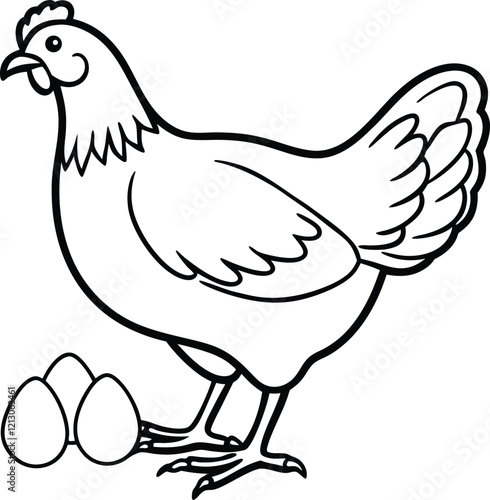 black and white farm chicken with eggs