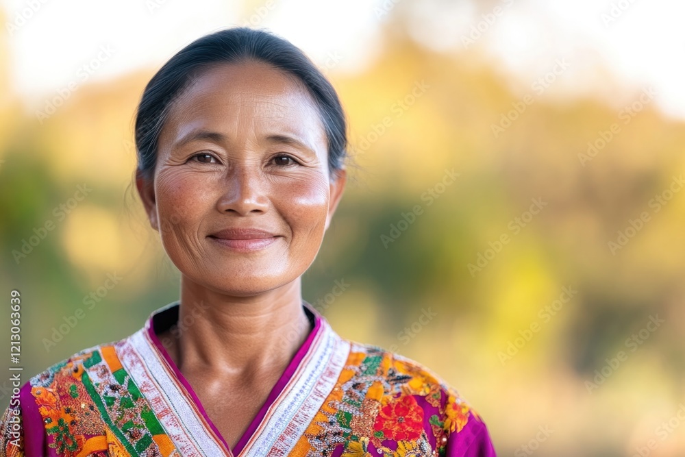 close-up portrait of woman in traditional attire smiling warmly with softly blurred natural surroundings close-up portrait of woman in traditional attire smiling warmly with softly blurred natural surroundings