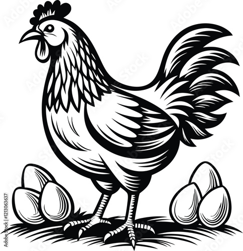 black and white farm chicken with eggs