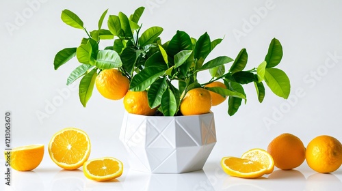 A vibrant calamansi plant in a geometric planter, surrounded by citrus slices, isolated on a white surface photo