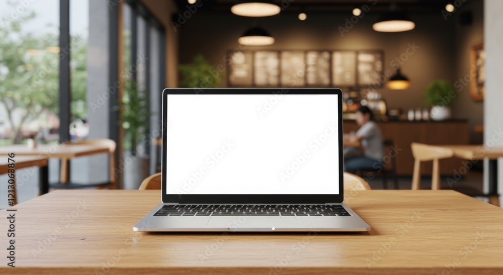 Laptop with blank screen on wooden table in blur background Laptop with blank screen on wooden table in blur background