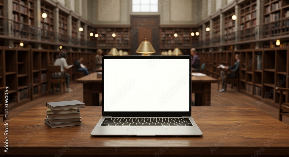 Laptop with blank screen on wooden table in blur background Laptop with blank screen on wooden table in blur background