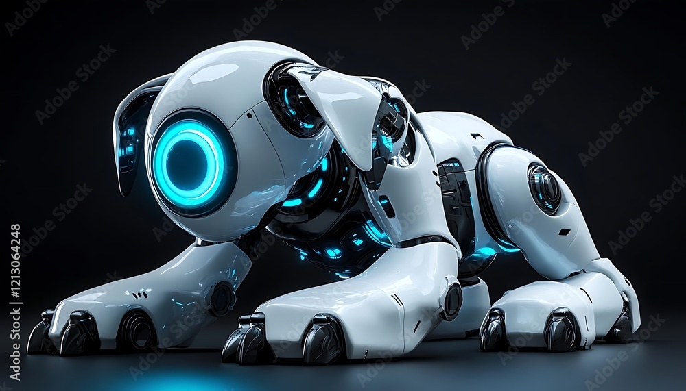 Futuristic white robotic dog lying down, glowing cyan accents. Futuristic white robotic dog lying down, glowing cyan accents.