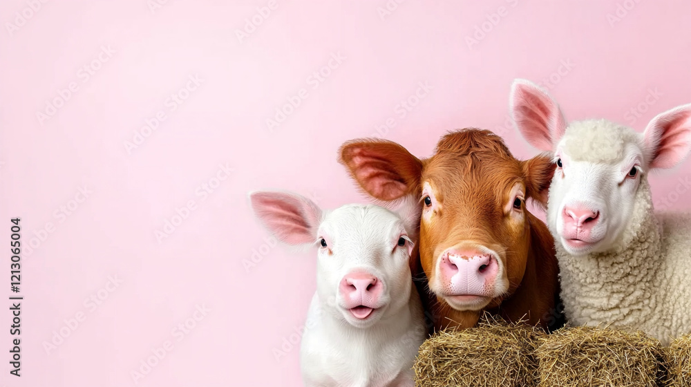 Fototapeta premium Group of Adorable Farm Animals Gathered Together Beside Hay Bales During a Sunny Day in a Rural Setting